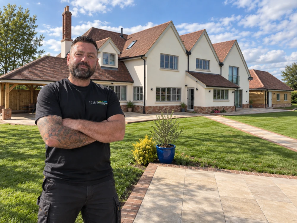 M&M rendering specialist applying an exterior finish